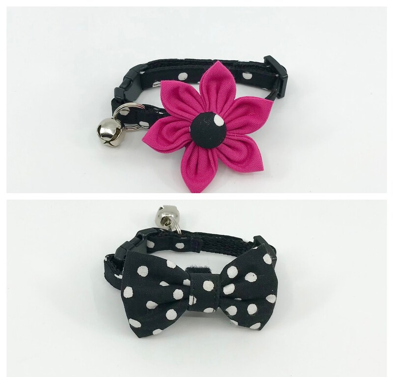 Cat Collar With Optional Flower Or Bow Tie Black And White Polka Dot Breakaway Pet Collar, Available In S Kitten, Medium, Large